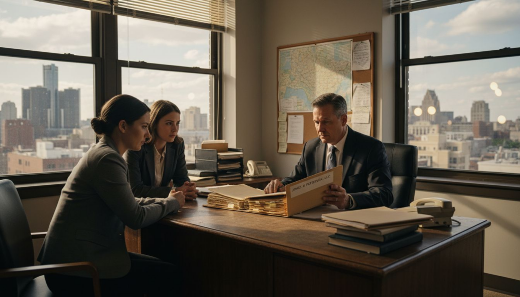 Detroit attorney meeting clients in office