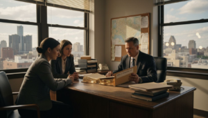 Detroit attorney meeting clients in office