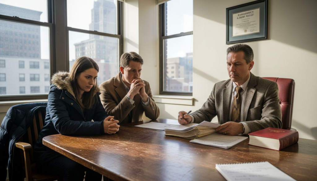 Bankruptcy attorney consulting Michigan clients in office