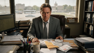 Man reviewing overdue bills in office