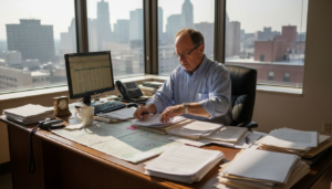 Trustee handling bankruptcy paperwork in office