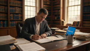 Man signing bankruptcy papers in law office