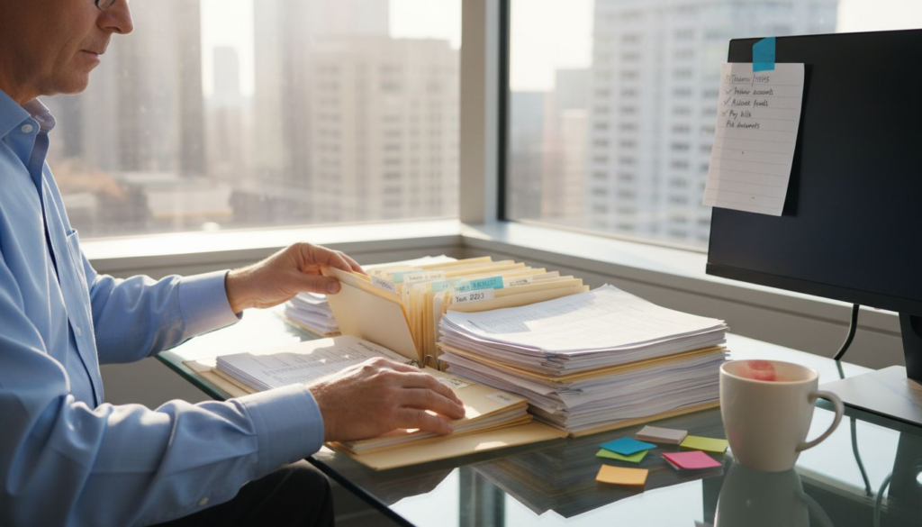 Man organizing chapter 13 bankruptcy documents at desk