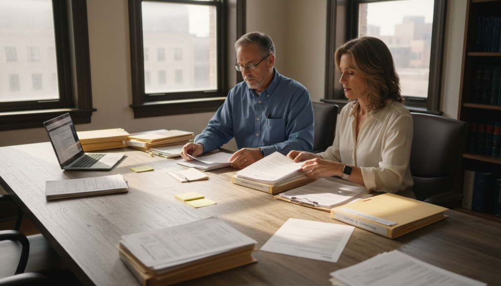 People organizing bankruptcy documents