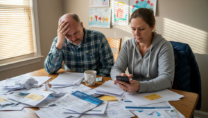 Michigan couple reviewing bills at a table