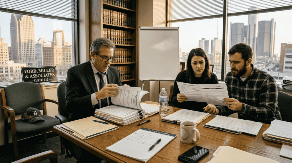 Attorney advising couple on bankruptcy options at law firm