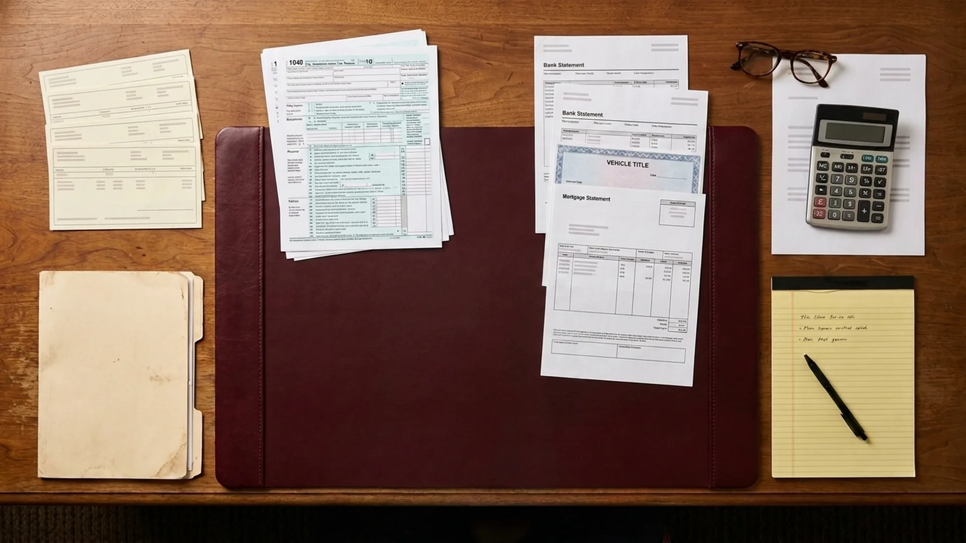Bankruptcy pre-filing document checklist with pay stubs, tax returns, and bank statements on a desk