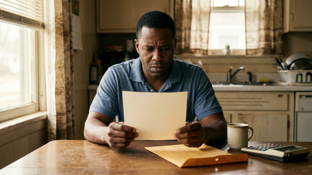 Detroit worker reviewing a wage garnishment court notice at a kitchen table