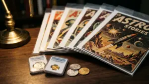 Vintage comic books, rare graded coins, and precious metals arranged together, representing a valuable collectible portfolio at risk from creditors