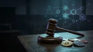 Judge's gavel beside Bitcoin and Ethereum coins with a blockchain network overlay, representing bankruptcy court decisions on digital assets
