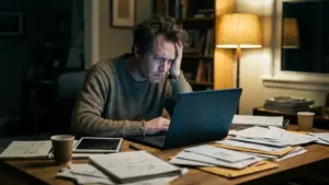 Stressed freelancer reviewing overdue bills by laptop light at a home-office desk at night